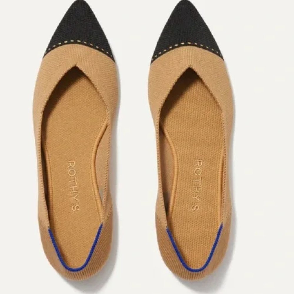 Rothy's Shoes Womens 9M Black/Tan The Point Dune Cap Toe Comfort Flats like new